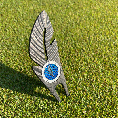 Black Damascus Steel Feather Divot Tool - Two Prong and Marker Set