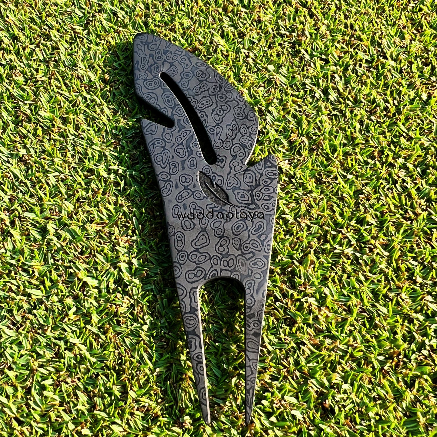 Black Damascus Steel Feather Divot Tool - Two Prong and Marker Set