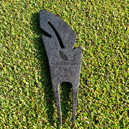 Black Damascus Steel Feather Divot Tool - Two Prong and Marker Set