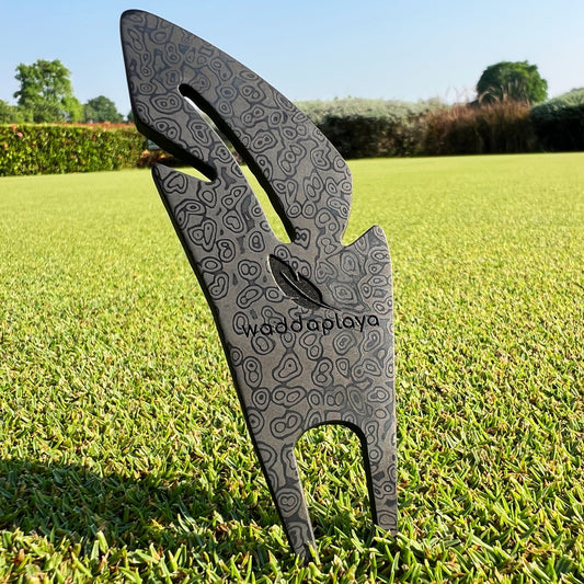 Black Damascus Steel Feather Divot Tool - Two Prong and Marker Set