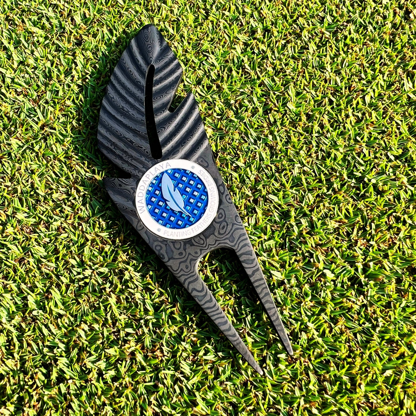 Black Damascus Steel Feather Divot Tool - Two Prong and Marker Set