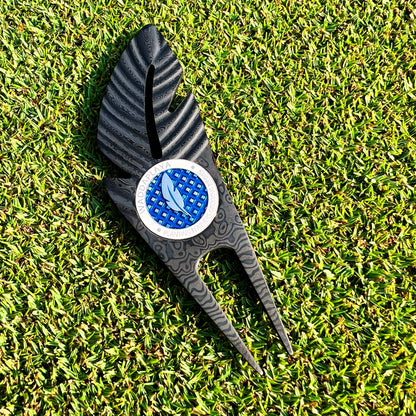 Black Damascus Steel Feather Divot Tool - Two Prong and Marker Set