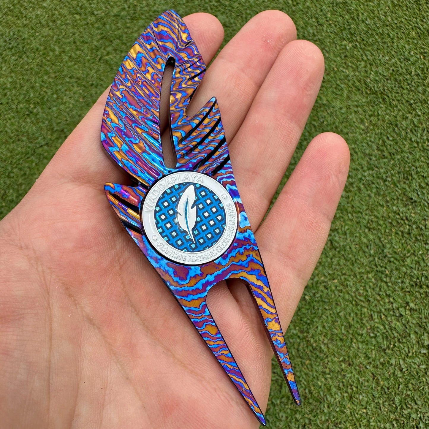 Titanium Damascus Steel Feather Divot Tool and Marker Set