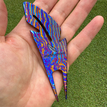 Titanium Damascus Steel Feather Divot Tool and Marker Set