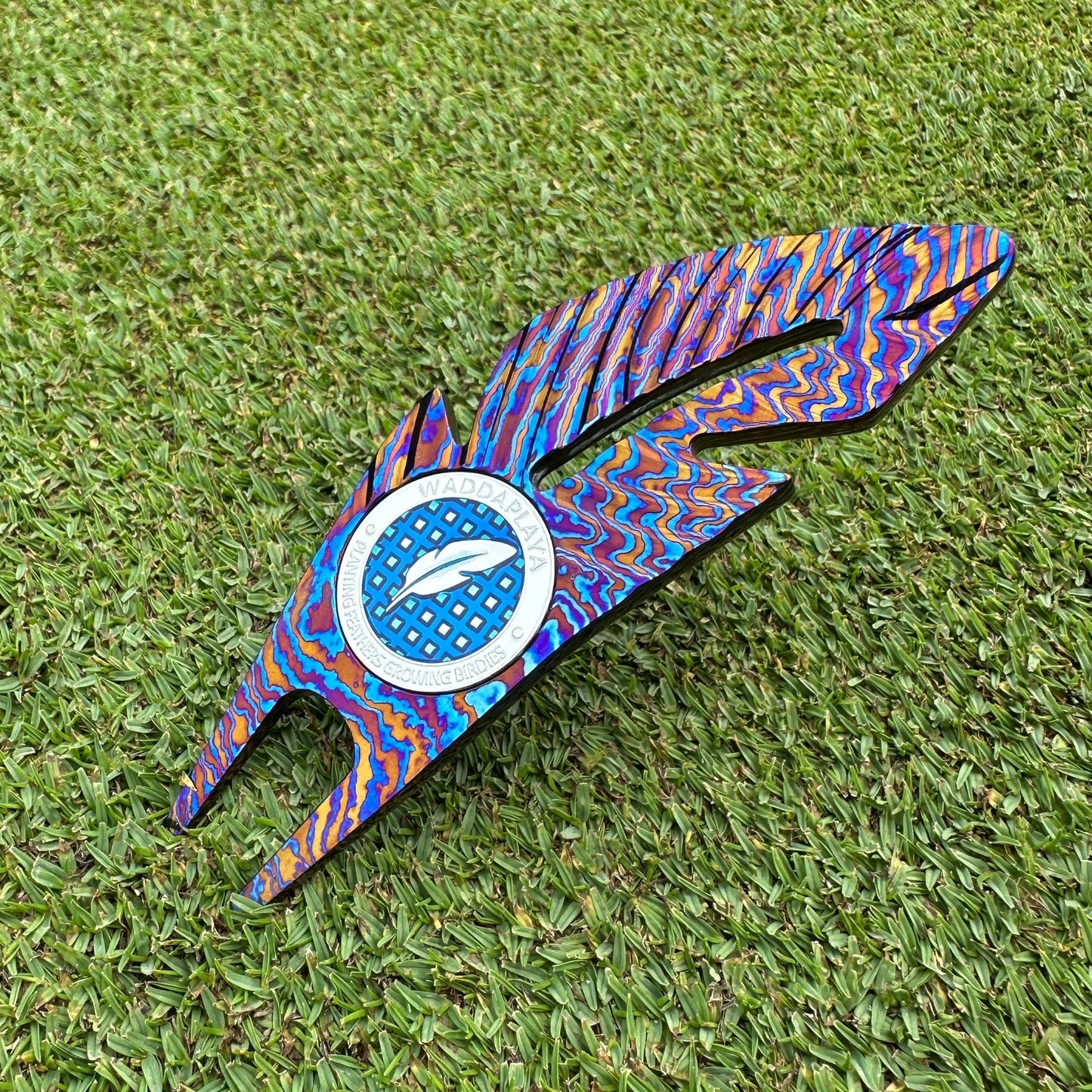Titanium Damascus Steel Feather Divot Tool and Marker Set