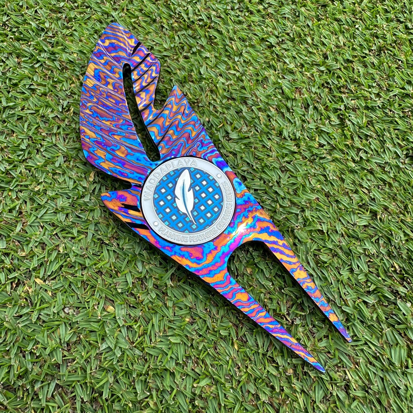 Titanium Damascus Steel Feather Divot Tool and Marker Set