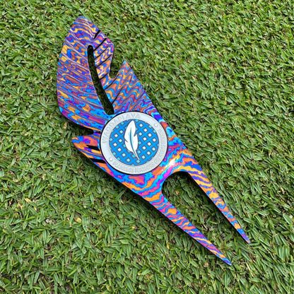 Titanium Damascus Steel Feather Divot Tool and Marker Set