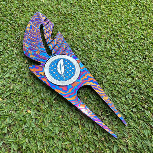 Titanium Damascus Steel Feather Divot Tool and Marker Set